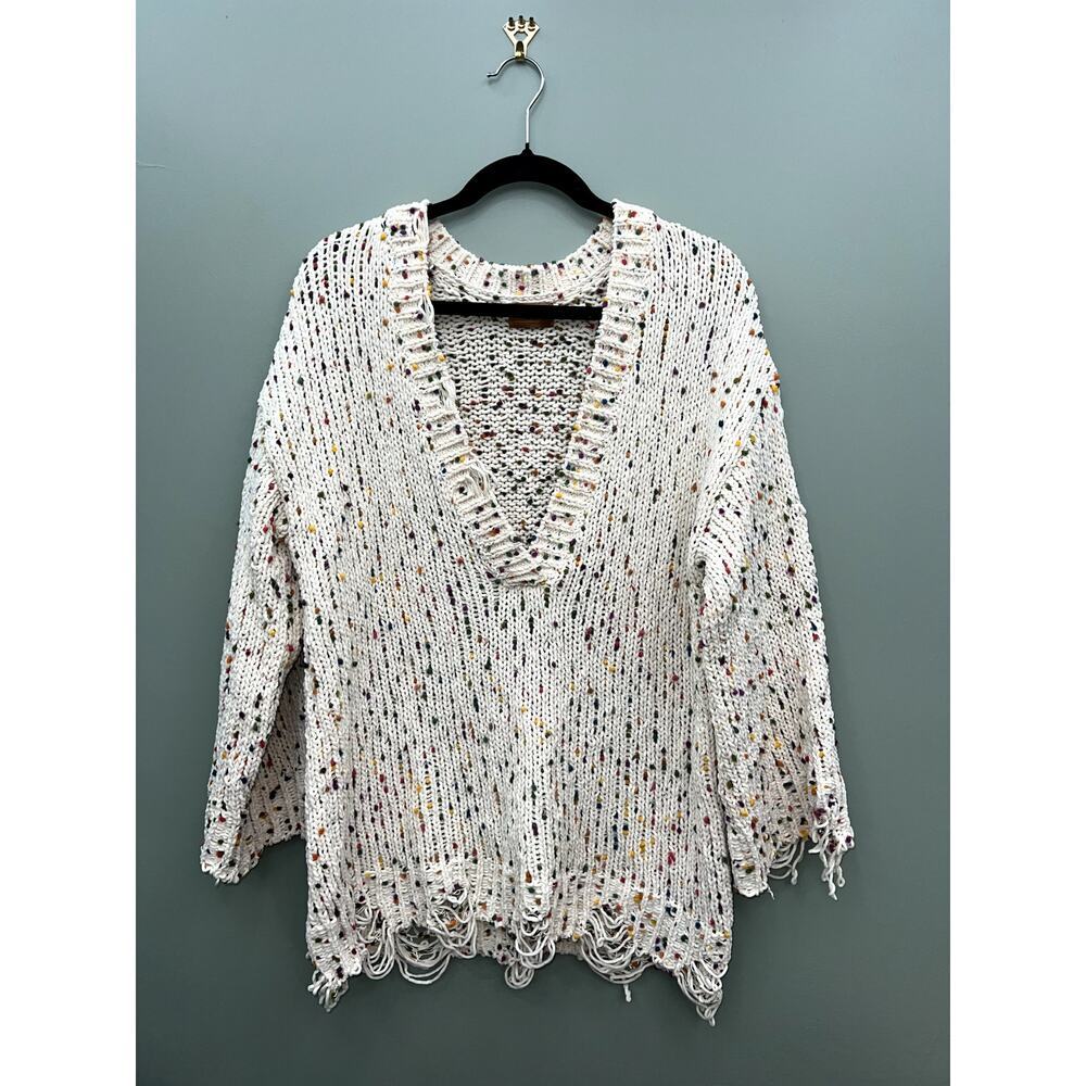 POL Cream Confetti Chunky Knit Distressed Fringe Oversized Cozy Cottagecore S